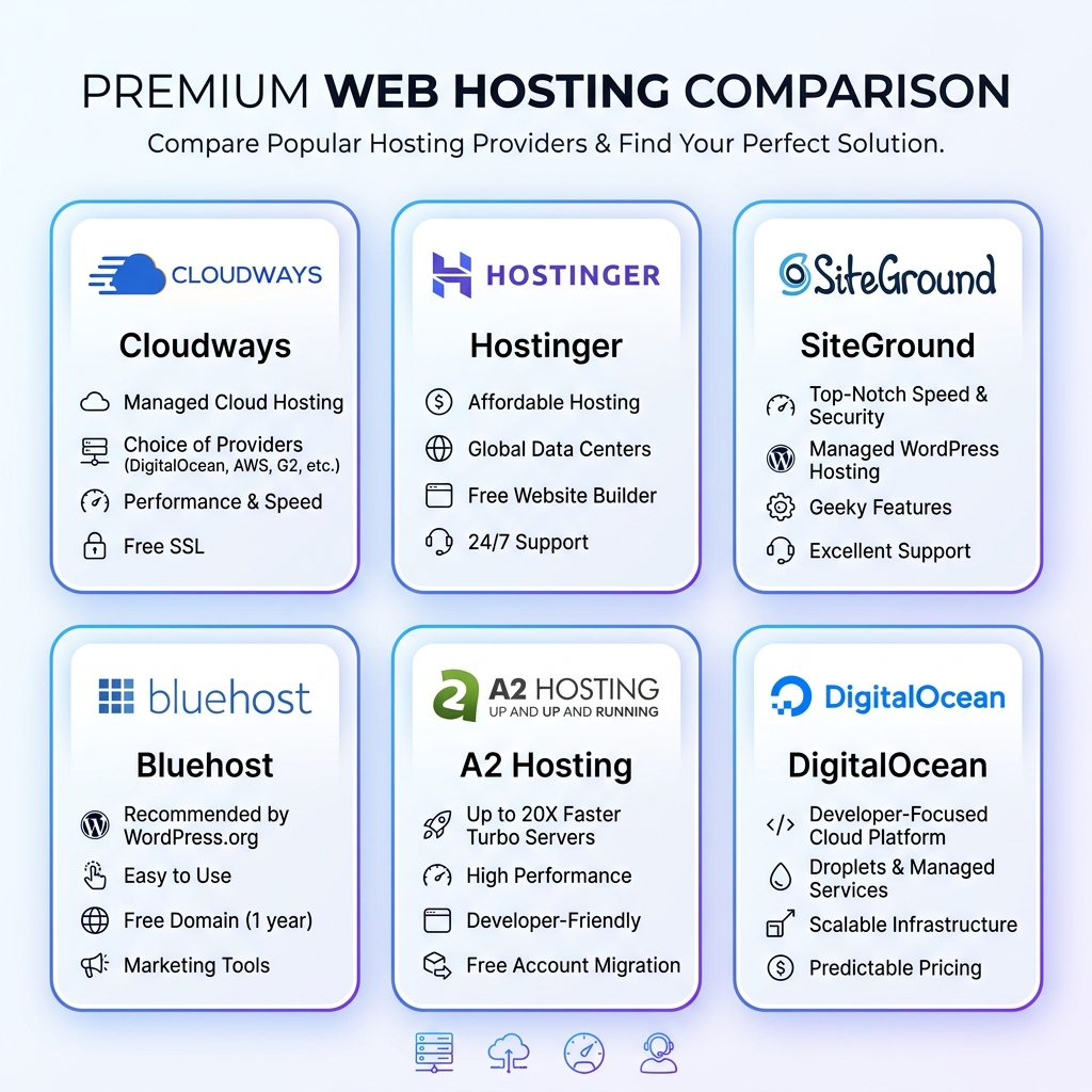 Web Hosting Providers Comparison Chart - Cloudways, Hostinger, SiteGround, Bluehost, A2 Hosting, DigitalOcean